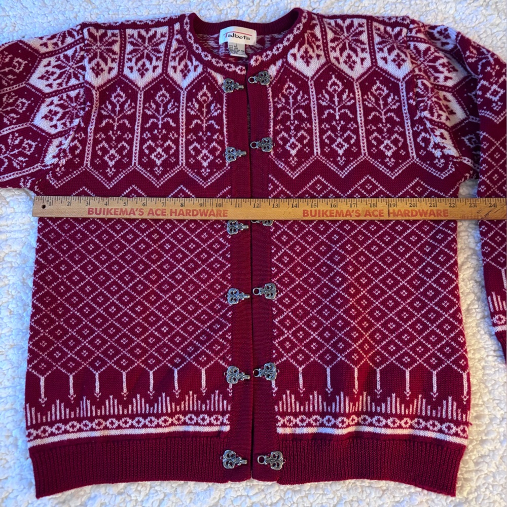 Vintage Talbots Red and White Nordic Faire Isle Wool Cardigan Size Large - Picture 5 of 6